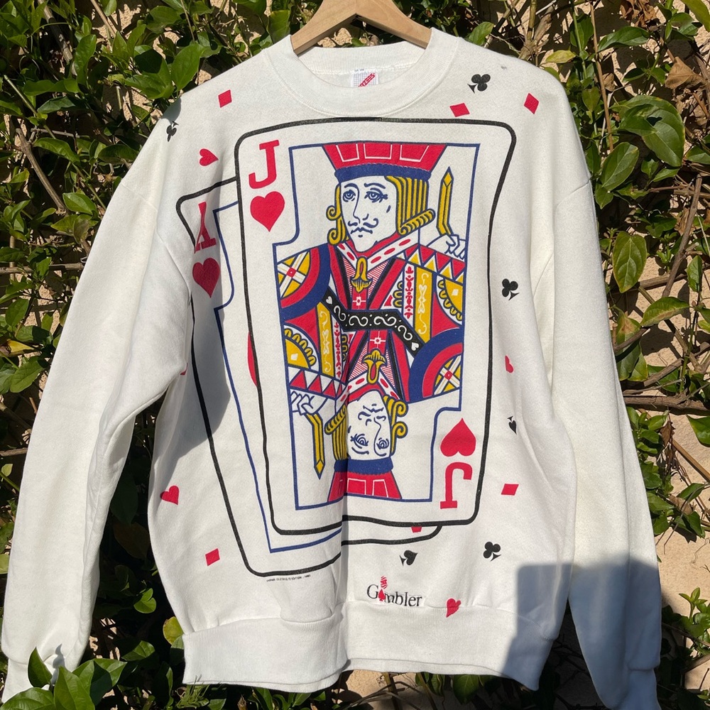 90’s Jack of hearts card sweatshirt, design on front and back, size L